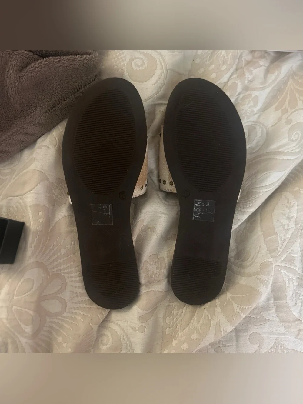 Like New Myra Bag White and Brown CalfHair Studded Slide Sandals